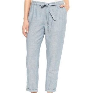 Gap Factory Women S Blue Striped Linen Cotton Casual Belted Pleated Ankle Pants